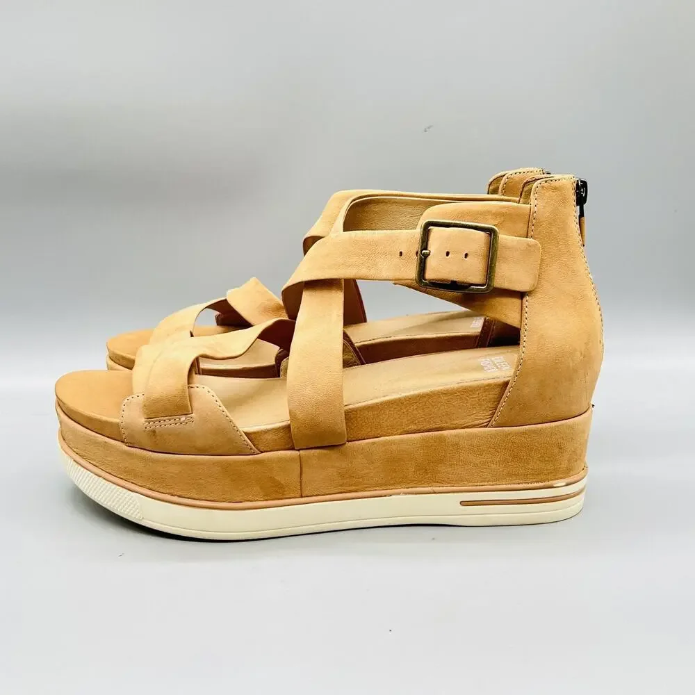Eileen Fisher Sandals Womens 11 Beige Nubuck Boost Strappy Zip Platform Shoes